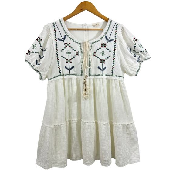 POL Ivory Embroidered Mini Dress Size L Boho Tassel Tie Balloon Sleeve - Picture 4 of 13